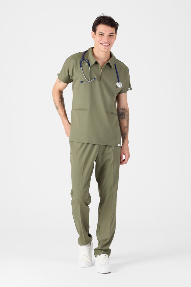 Likralı Asker Yeşili Polo Yaka Scrubs