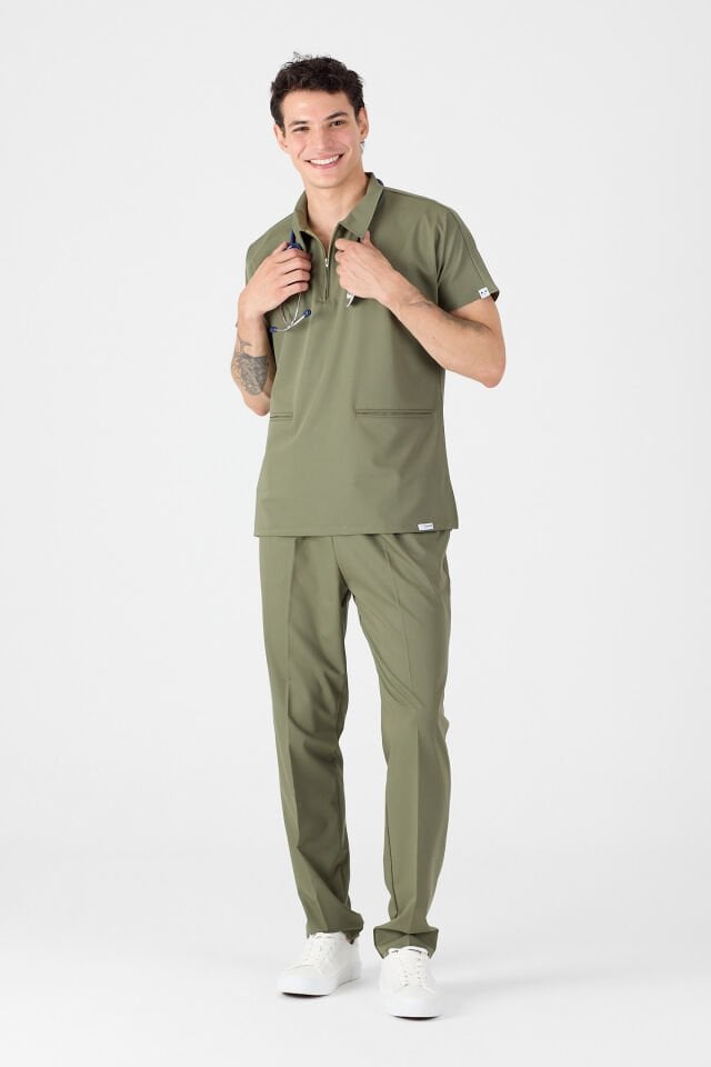 Likralı Asker Yeşili Polo Yaka Scrubs