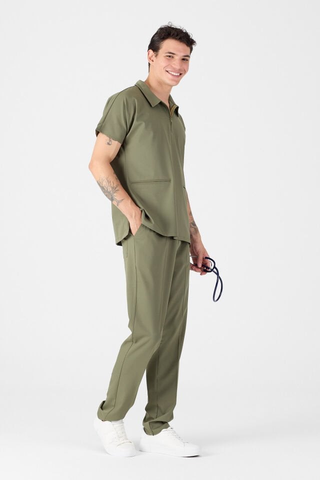 Likralı Asker Yeşili Polo Yaka Scrubs
