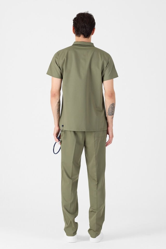 Likralı Asker Yeşili Polo Yaka Scrubs