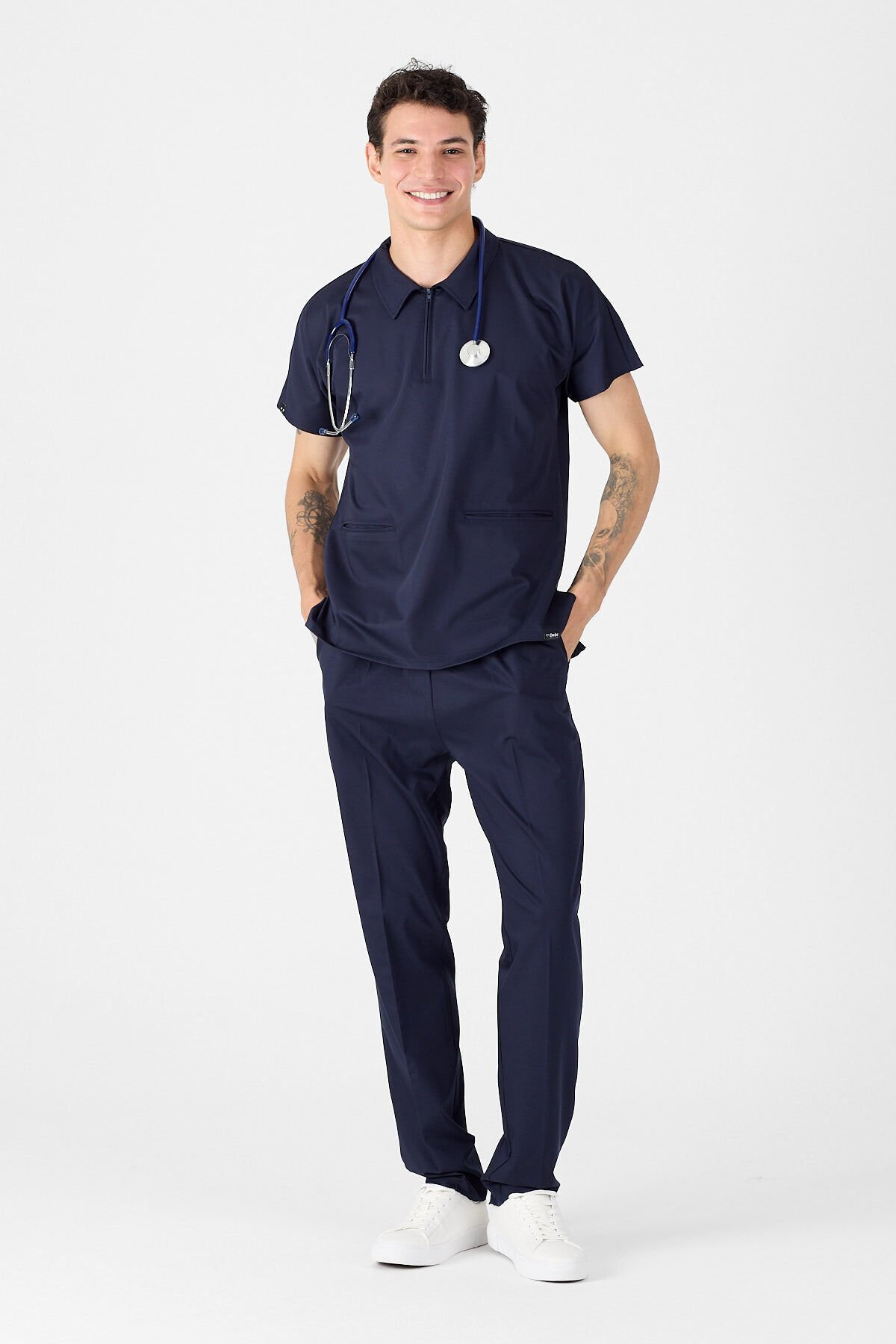 Likralı Koyu Lacivert Polo Yaka Scrubs