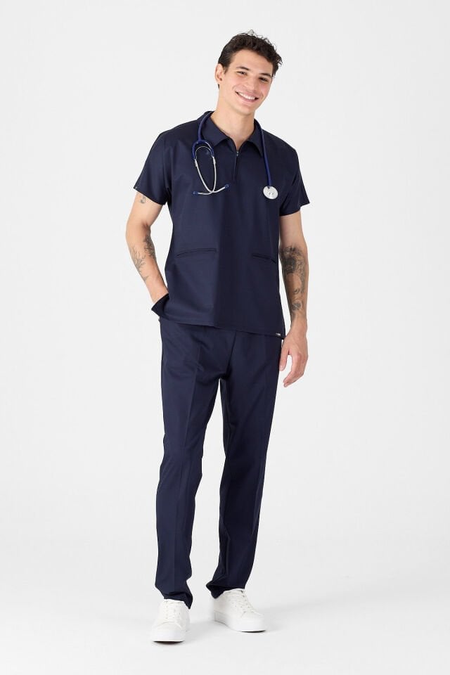 Likralı Koyu Lacivert Polo Yaka Scrubs