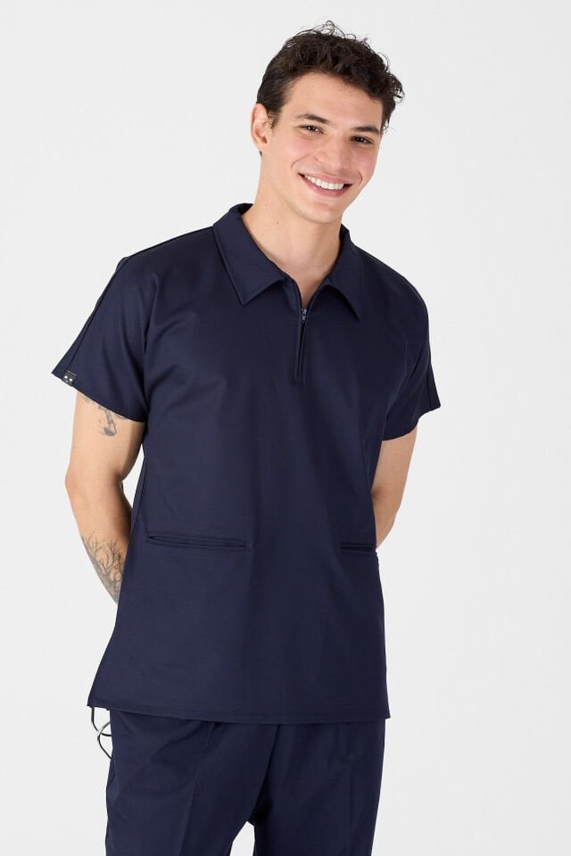 Likralı Koyu Lacivert Polo Yaka Scrubs