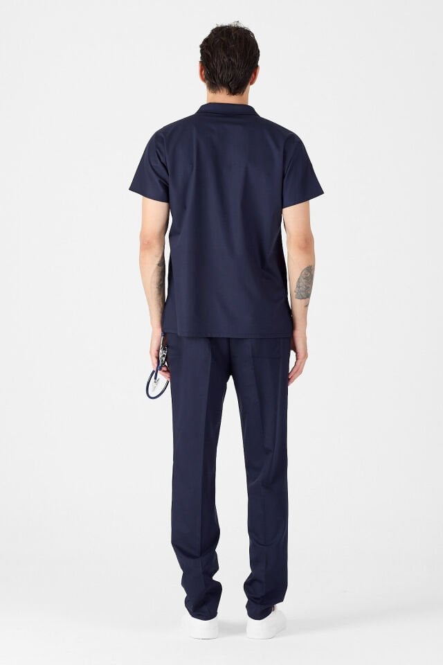 Likralı Koyu Lacivert Polo Yaka Scrubs