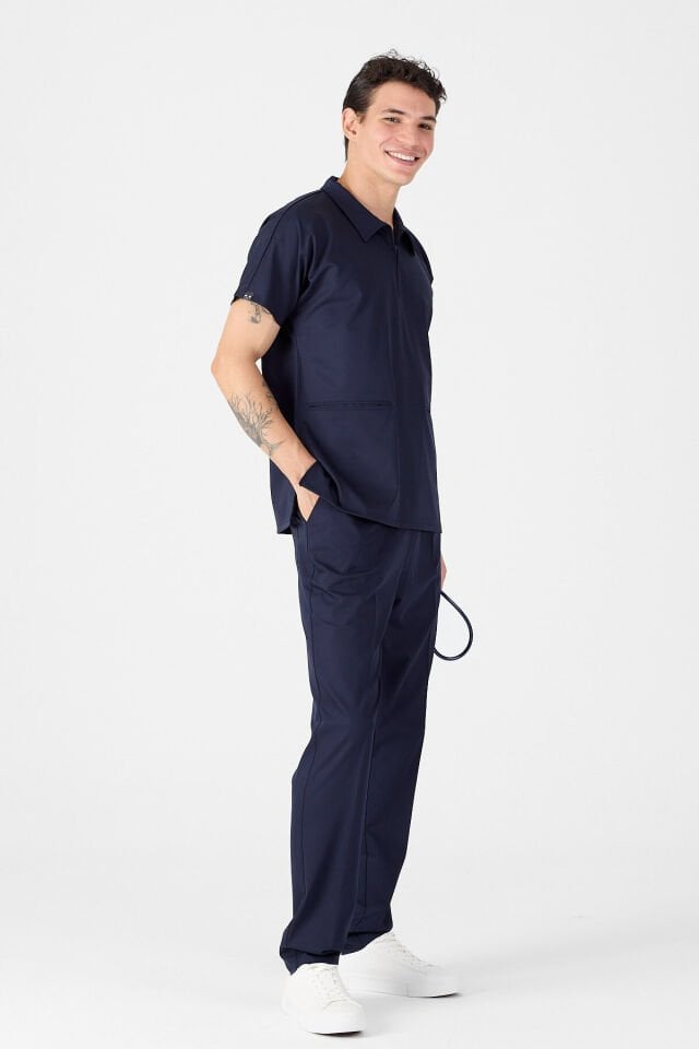 Likralı Koyu Lacivert Polo Yaka Scrubs