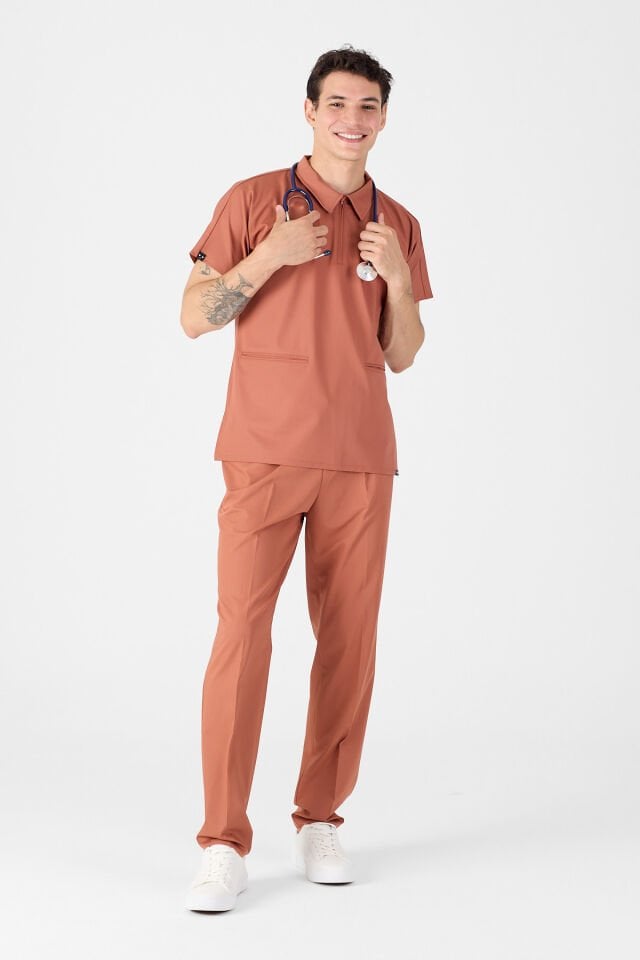Likralı Kiremit Polo Yaka Scrubs