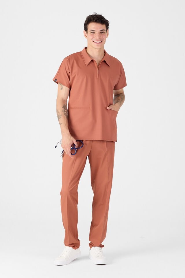 Likralı Kiremit Polo Yaka Scrubs