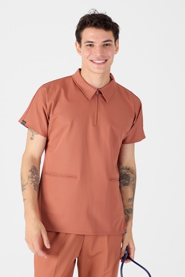 Likralı Kiremit Polo Yaka Scrubs