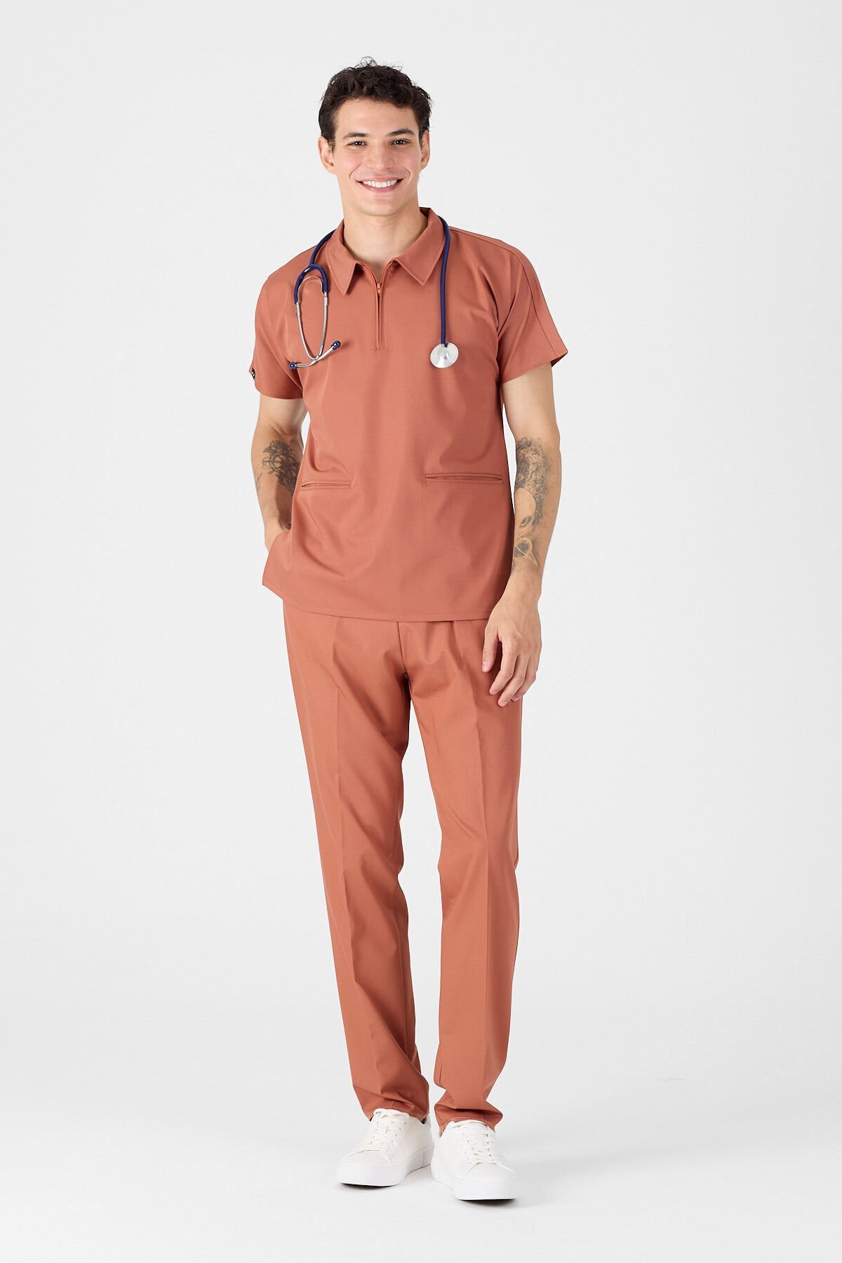 Likralı Kiremit Polo Yaka Scrubs