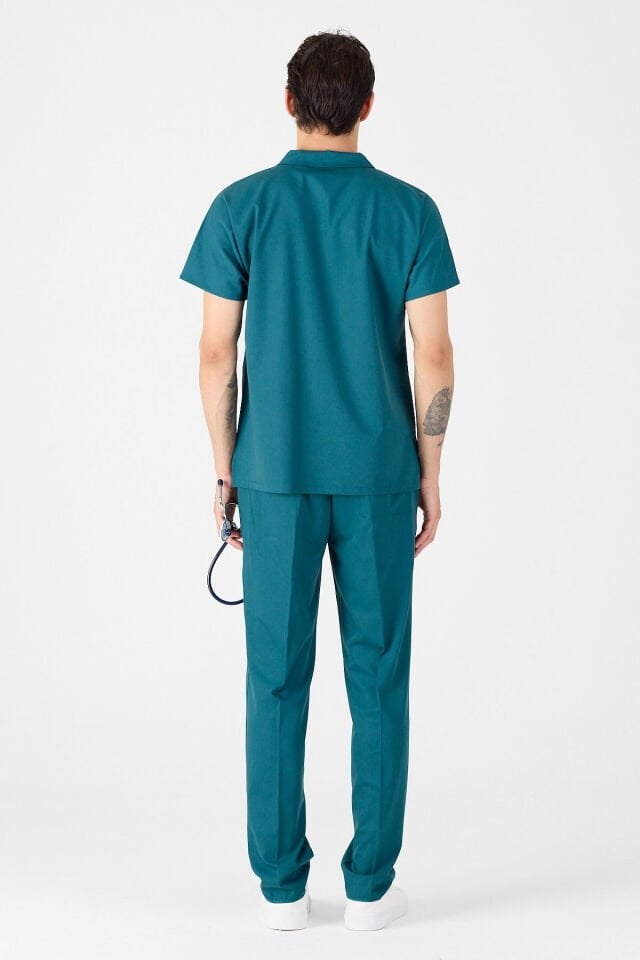 Likralı Koyu Petrol Yeşili Polo Yaka Scrubs