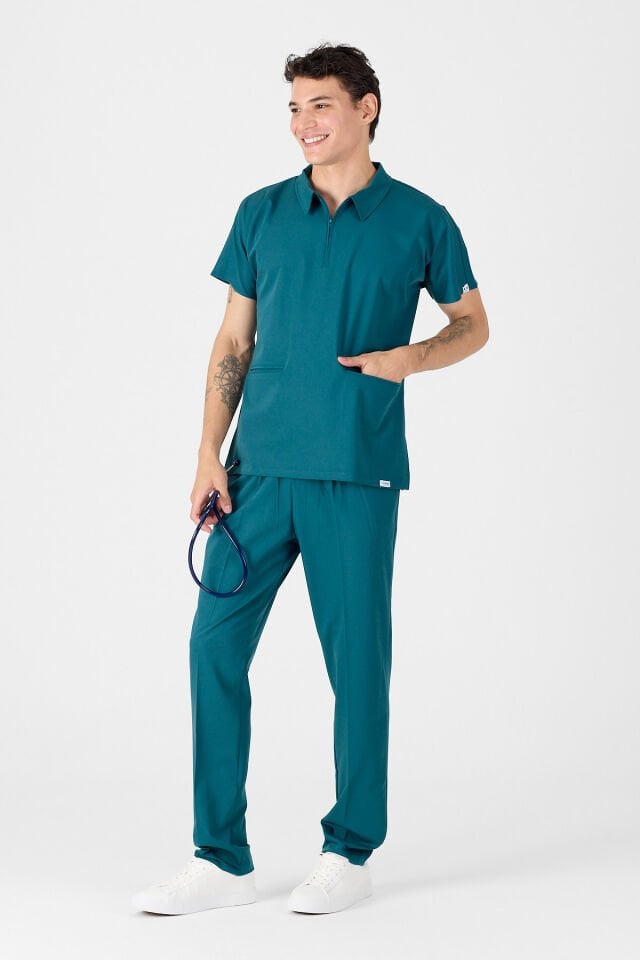 Likralı Koyu Petrol Yeşili Polo Yaka Scrubs