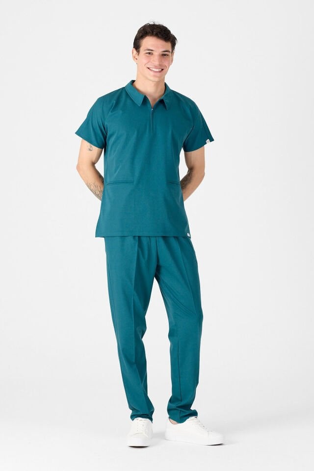 Likralı Koyu Petrol Yeşili Polo Yaka Scrubs