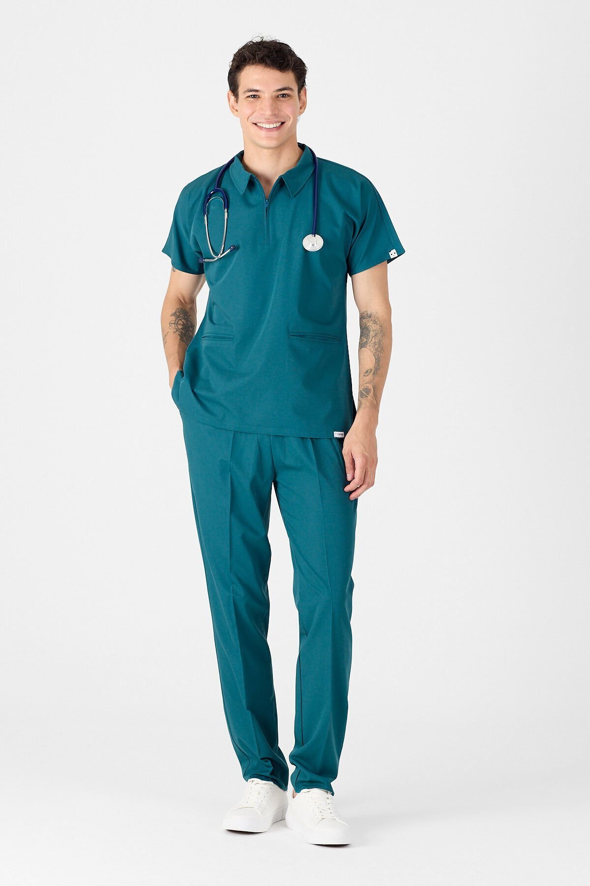 Likralı Koyu Petrol Yeşili Polo Yaka Scrubs