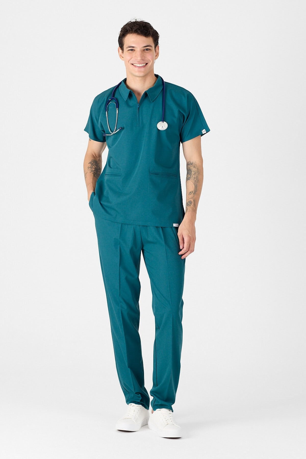 Likralı Koyu Petrol Yeşili Polo Yaka Scrubs