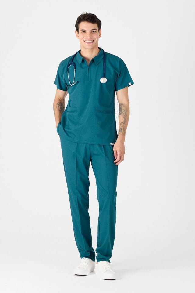 Likralı Koyu Petrol Yeşili Polo Yaka Scrubs
