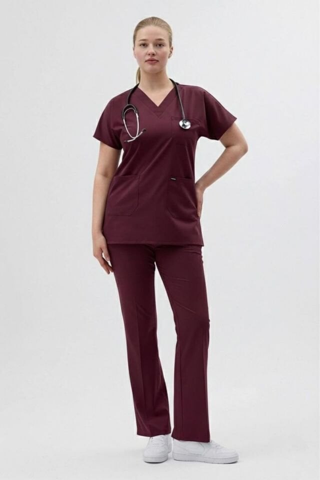 Koyu Mürdüm Tunik Boy Kısa Kol Çan Paça Scrubs