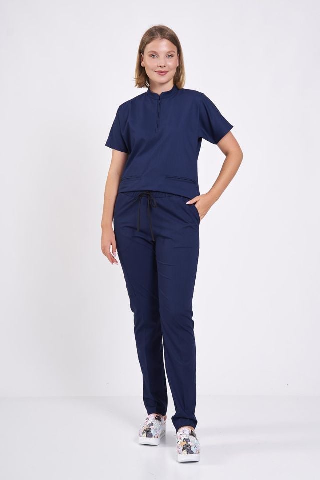 Likralı Lacivert Fermuar Detaylı Scrubs Forma