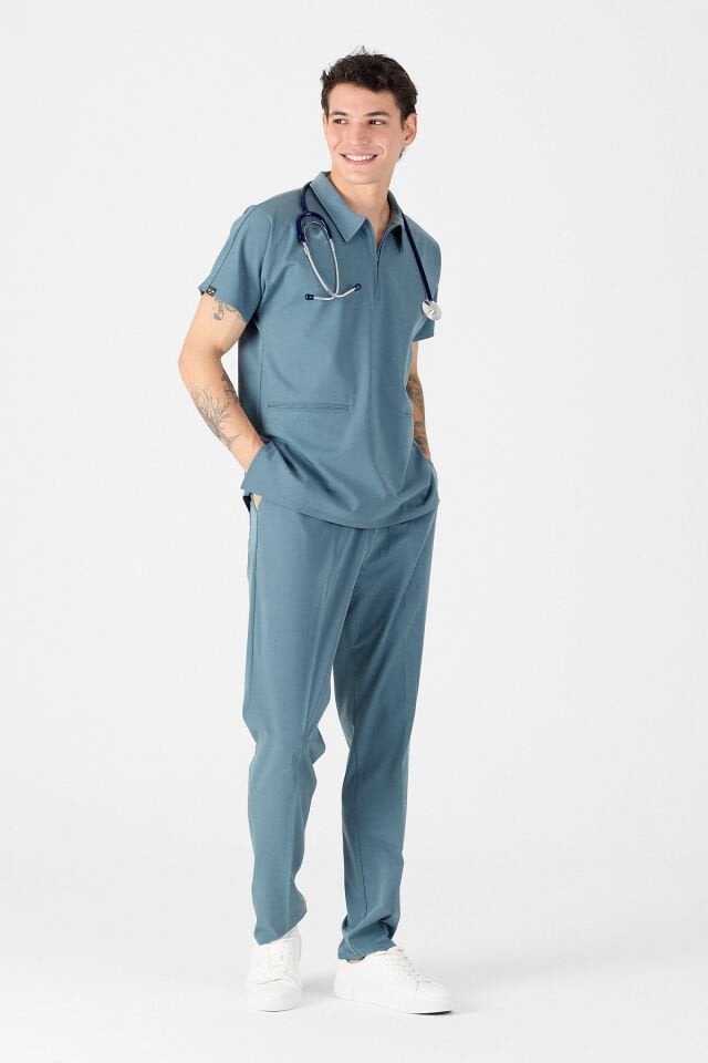 Likralı Antrasit Mavi Polo Yaka Scrubs