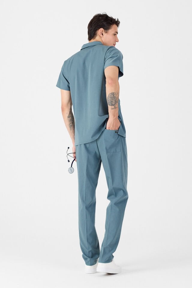 Likralı Antrasit Mavi Polo Yaka Scrubs