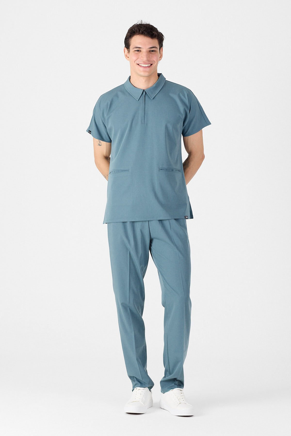 Likralı Antrasit Mavi Polo Yaka Scrubs