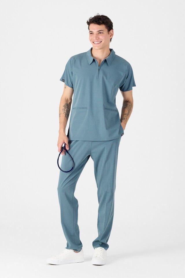 Likralı Antrasit Mavi Polo Yaka Scrubs
