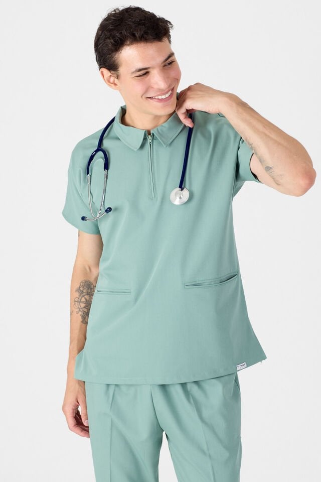 Likralı Mint Yeşili Polo Yaka Scrubs
