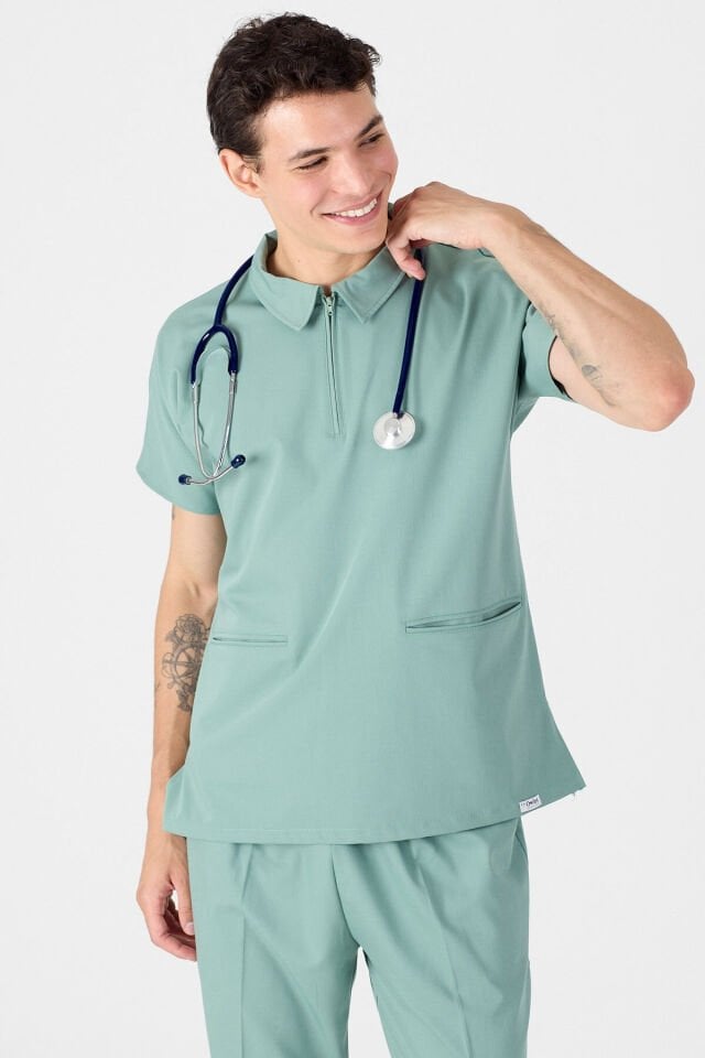 Likralı Mint Yeşili Polo Yaka Scrubs