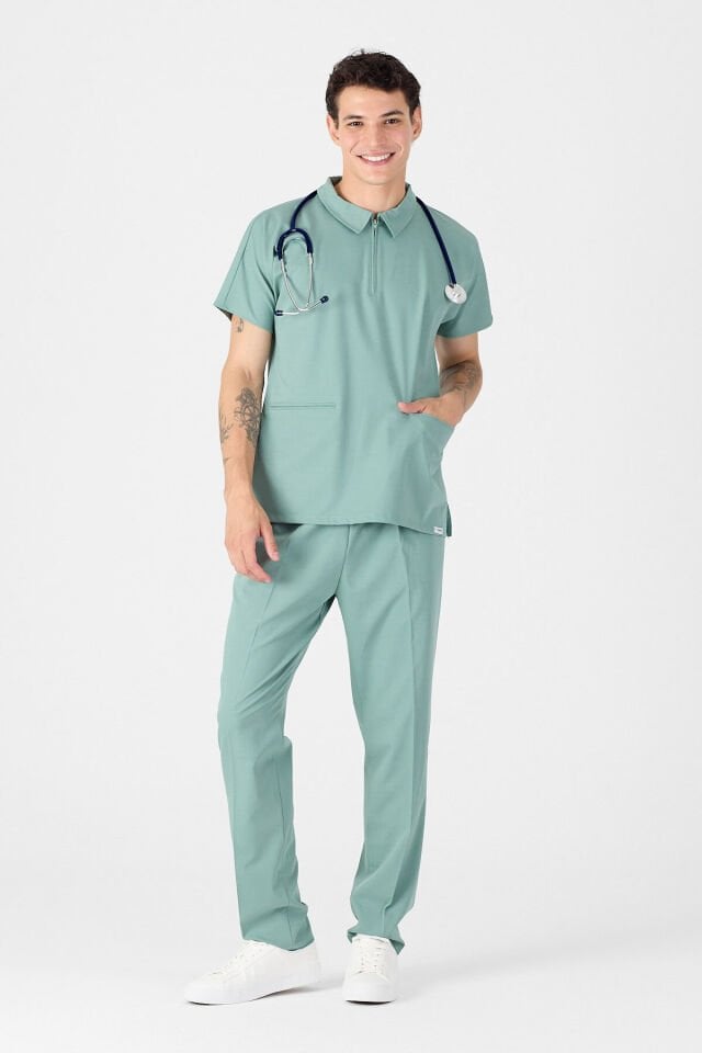 Likralı Mint Yeşili Polo Yaka Scrubs