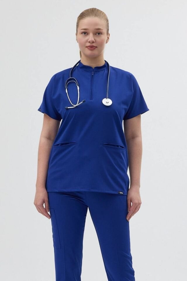 Likralı Saks Mavisi Fermuar Detaylı Scrubs