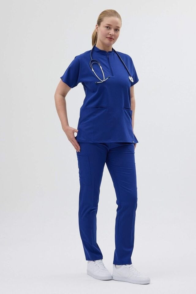 Likralı Saks Mavisi Fermuar Detaylı Scrubs