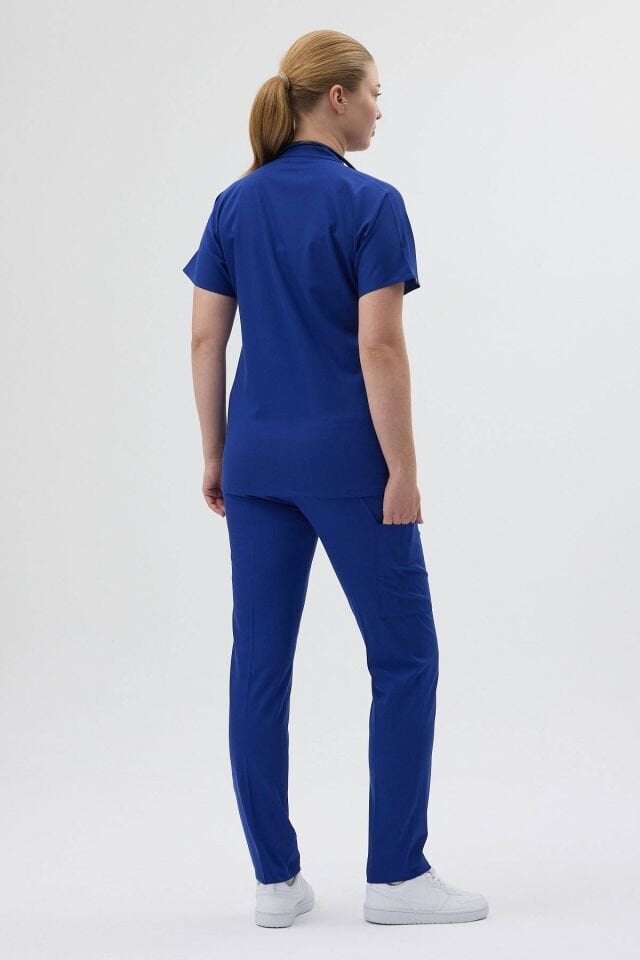 Likralı Saks Mavisi Fermuar Detaylı Scrubs