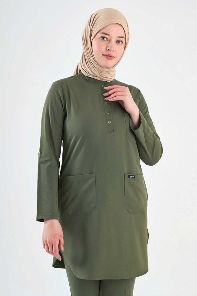 Likralı Asker Yeşili Tesettür Takım
