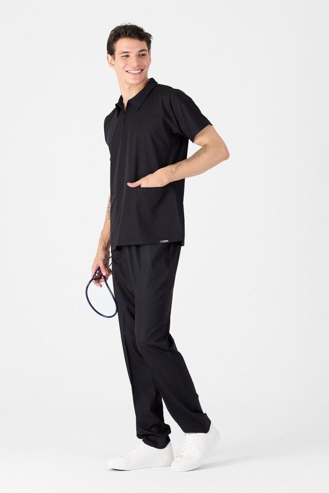 Likralı Siyah Polo Yaka Scrubs