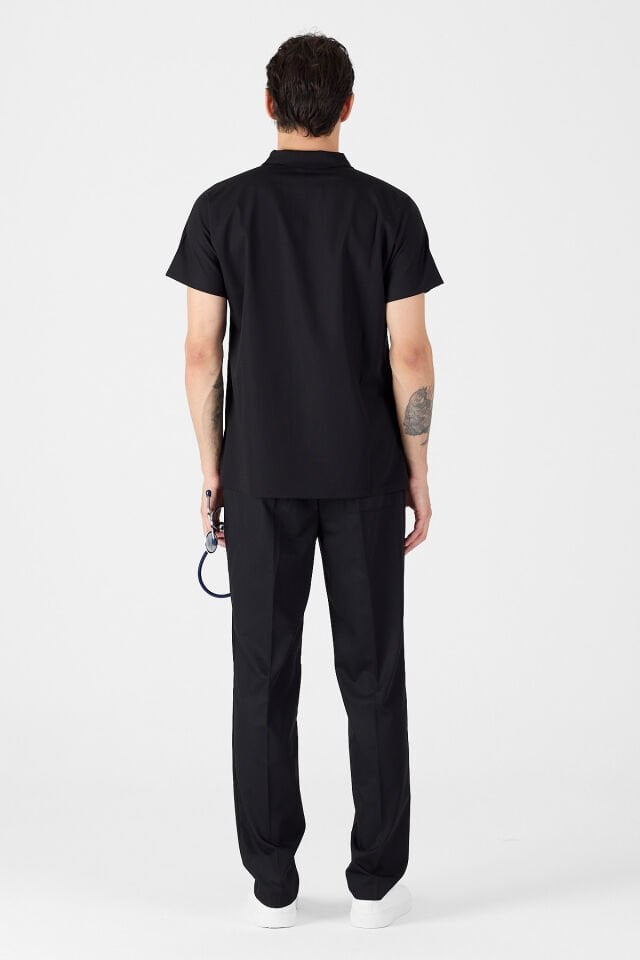 Likralı Siyah Polo Yaka Scrubs