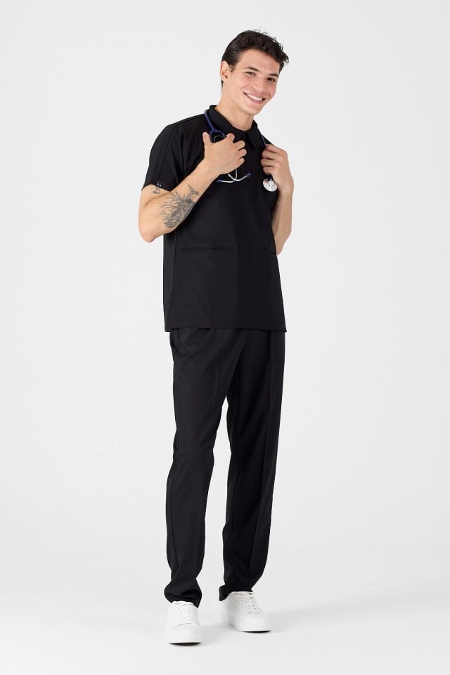 Likralı Siyah Polo Yaka Scrubs