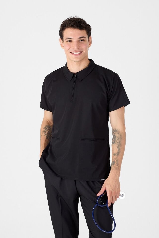 Likralı Siyah Polo Yaka Scrubs