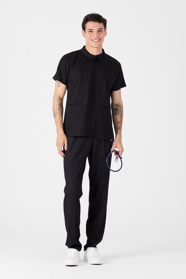 Likralı Siyah Polo Yaka Scrubs