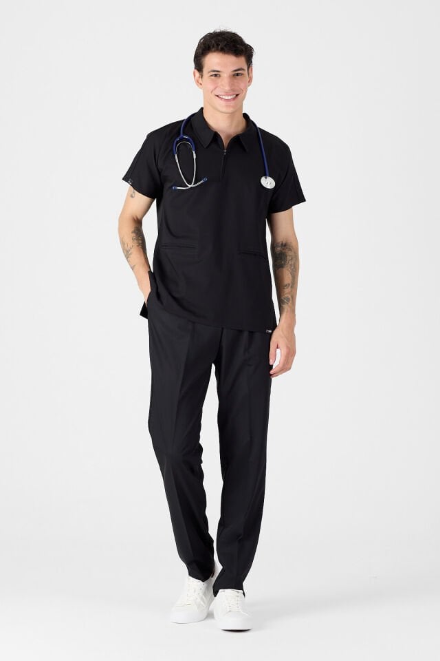 Likralı Siyah Polo Yaka Scrubs