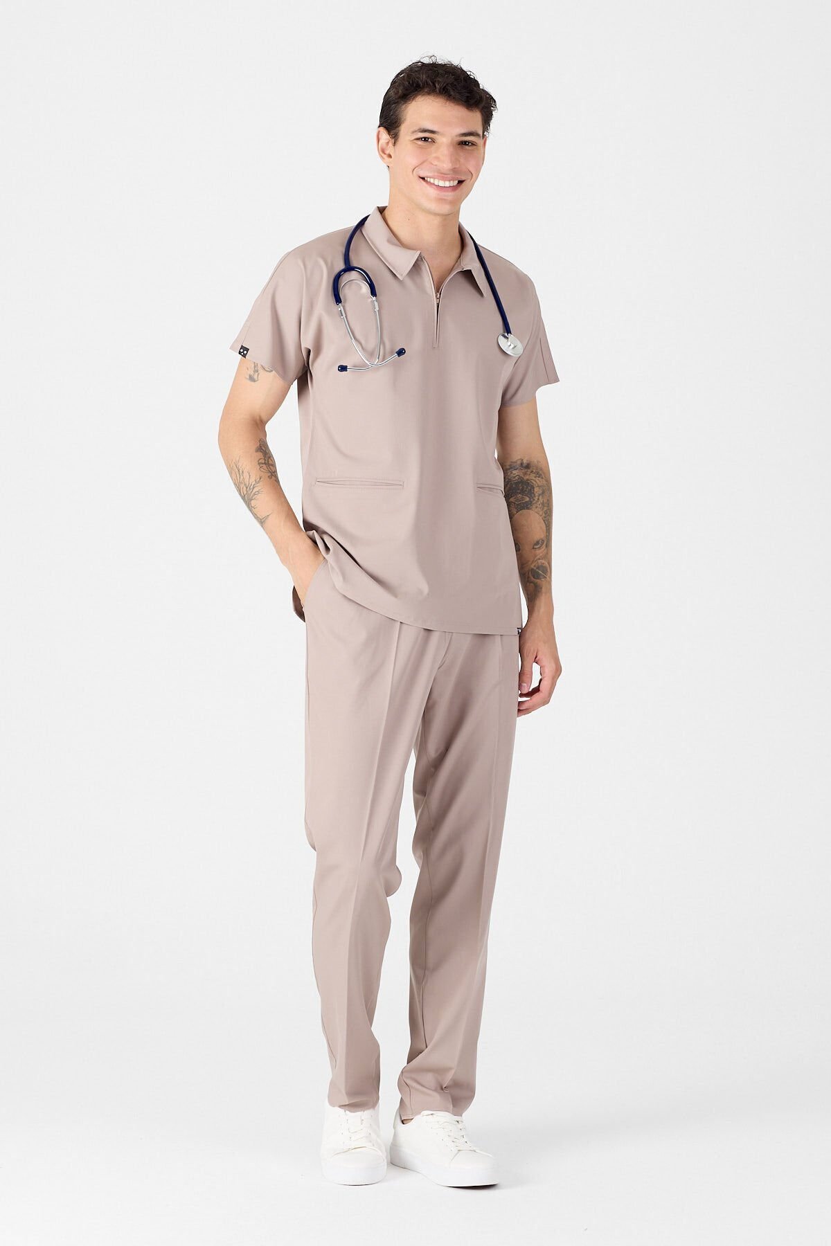 Likralı Açık Vizon Polo Yaka Scrubs