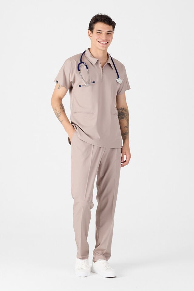 Likralı Açık Vizon Polo Yaka Scrubs