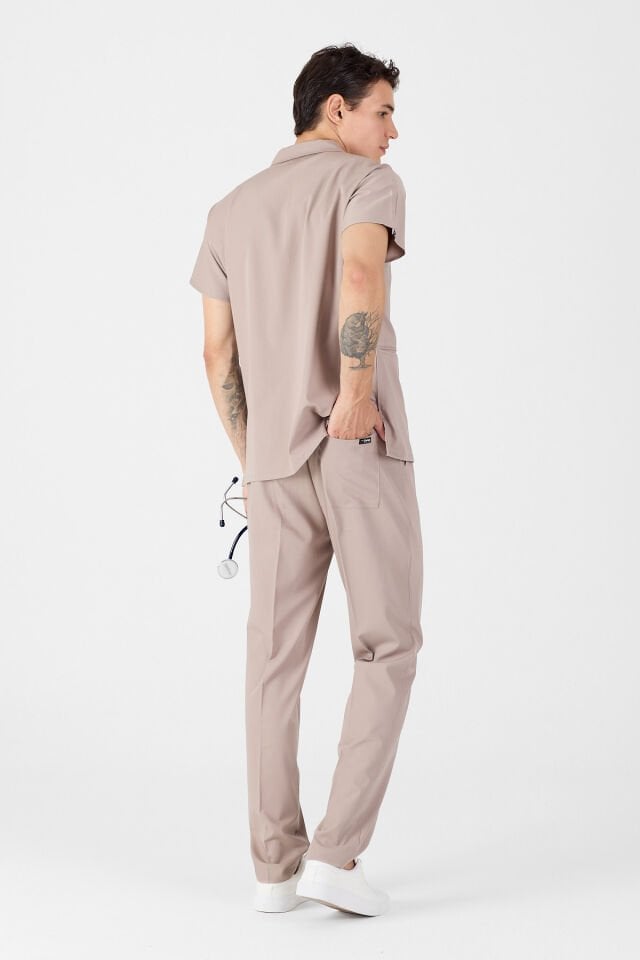 Likralı Açık Vizon Polo Yaka Scrubs