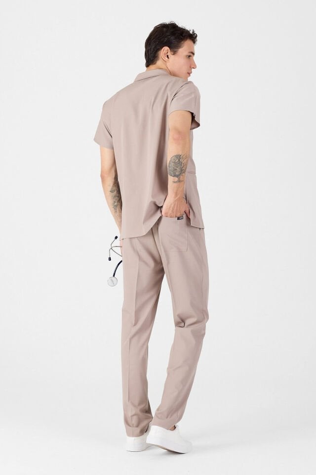 Likralı Açık Vizon Polo Yaka Scrubs