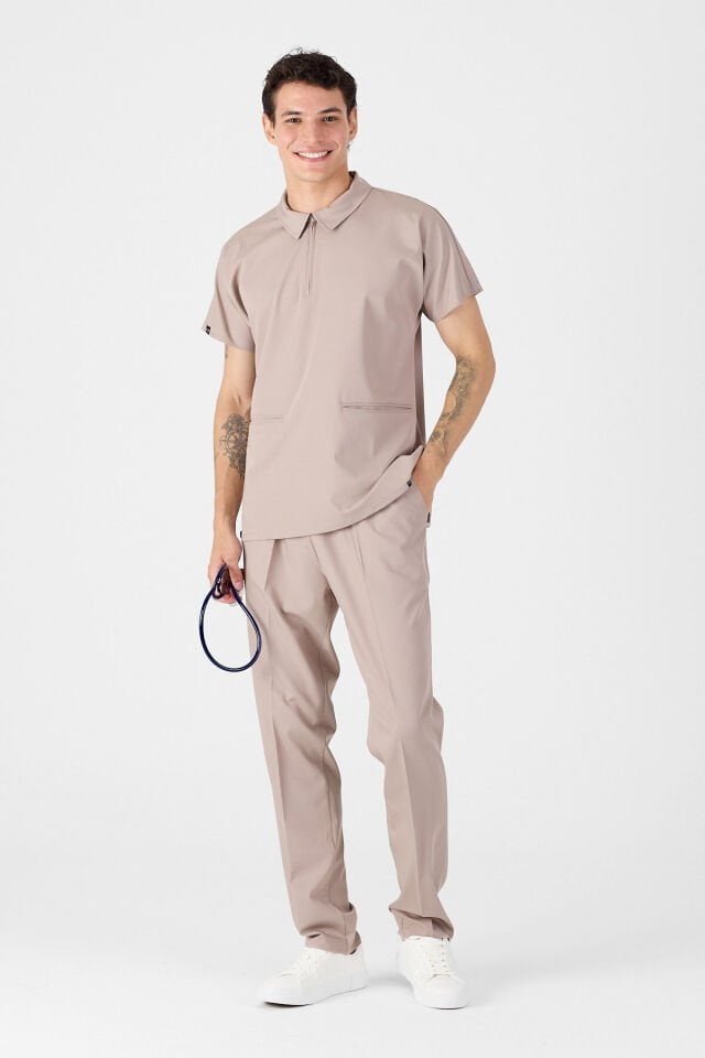 Likralı Açık Vizon Polo Yaka Scrubs