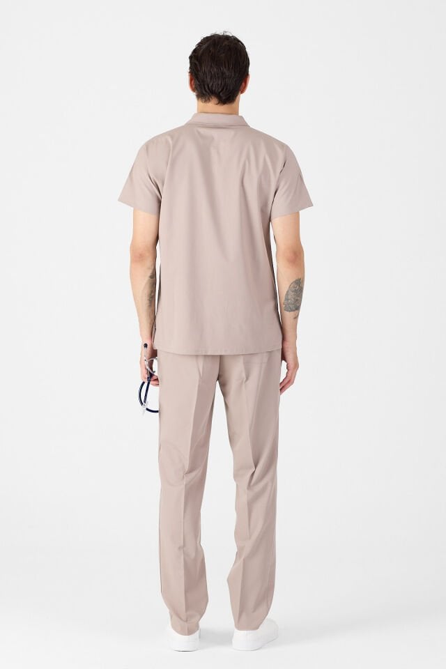 Likralı Açık Vizon Polo Yaka Scrubs