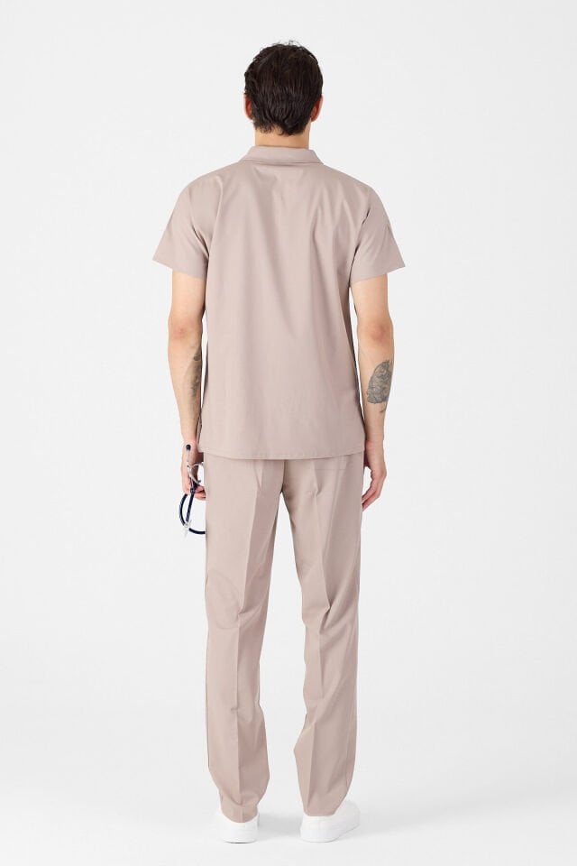 Likralı Açık Vizon Polo Yaka Scrubs