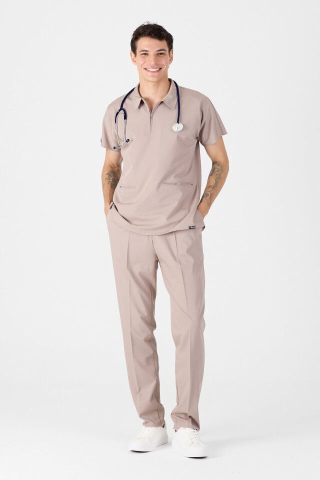 Likralı Açık Vizon Polo Yaka Scrubs