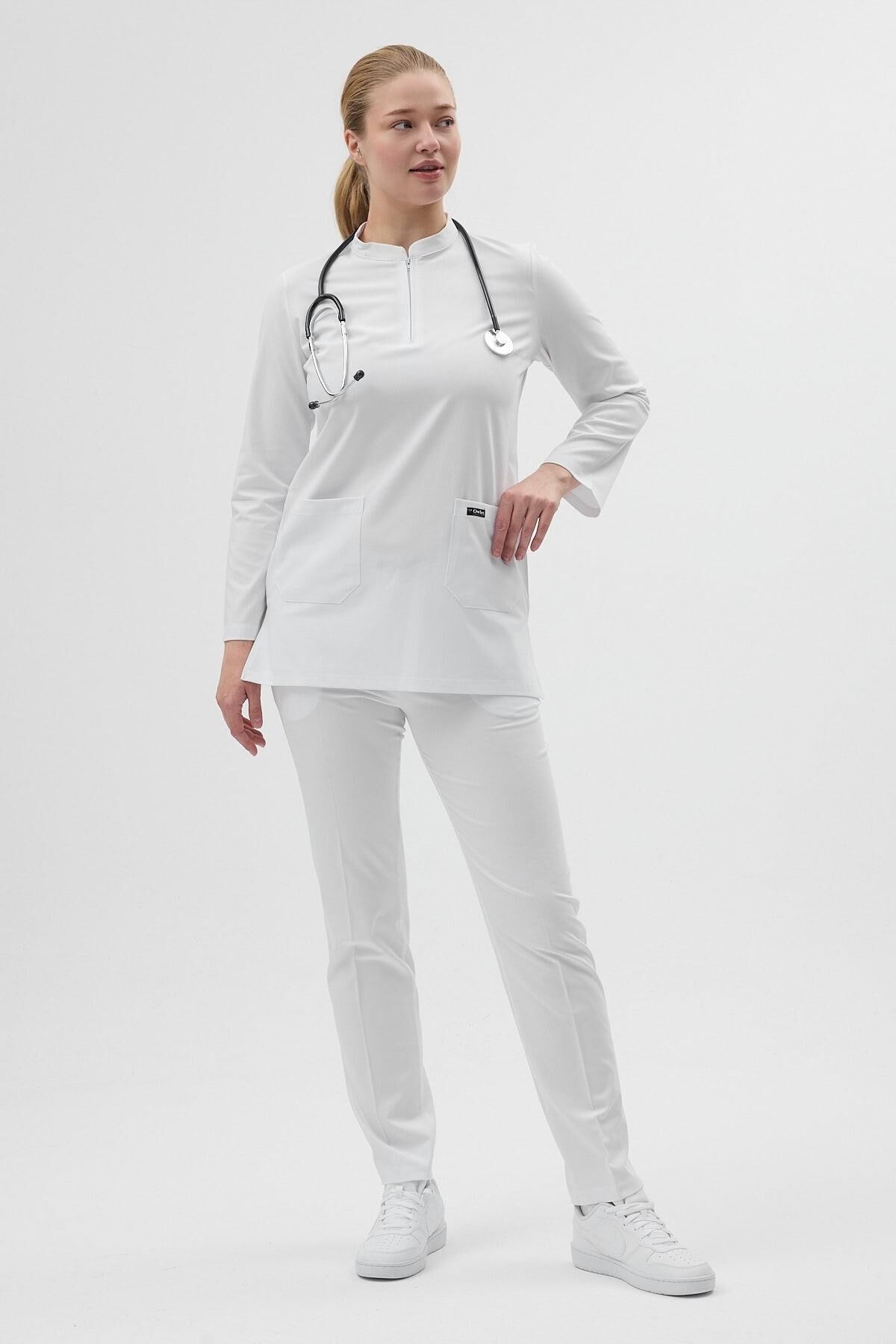 Likralı Beyaz Tunik Boy Takım