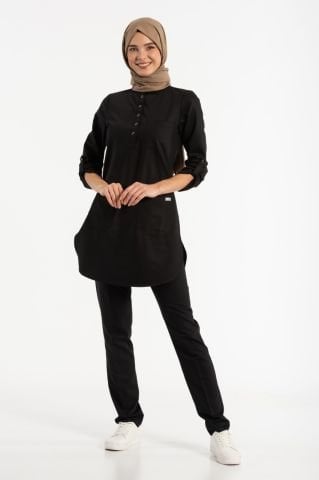 Likralı Siyah Cerrahi Tesettür Takım