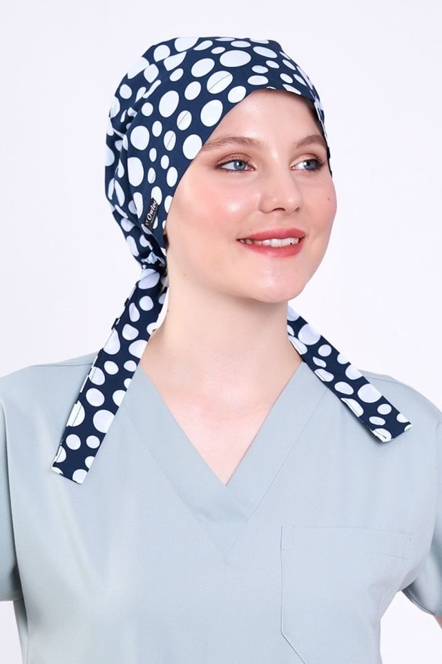 Lacivert Puantiye Desenli Tesettür Bone - Owlet Medikal