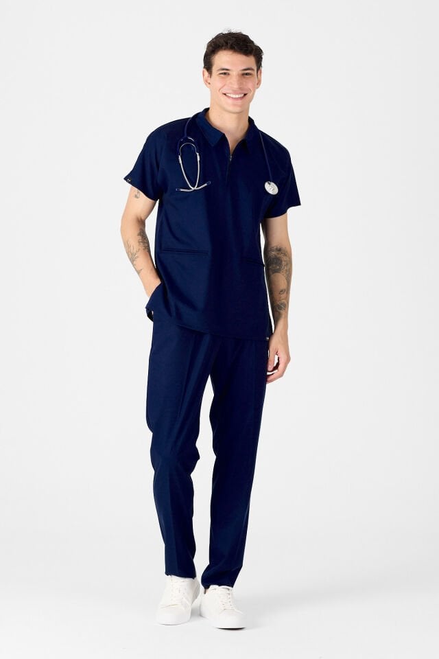 Likralı Lacivert Polo Yaka Scrubs Forma